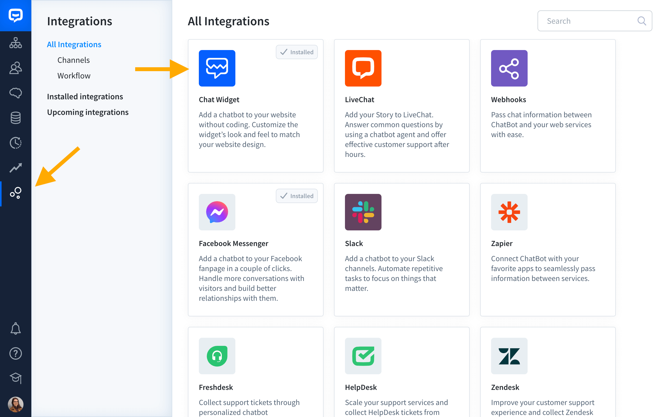 chatbot integrations section