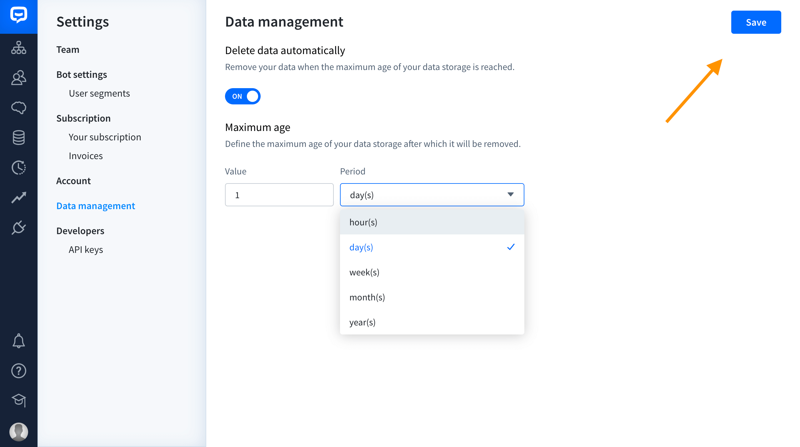 chatbot data management section