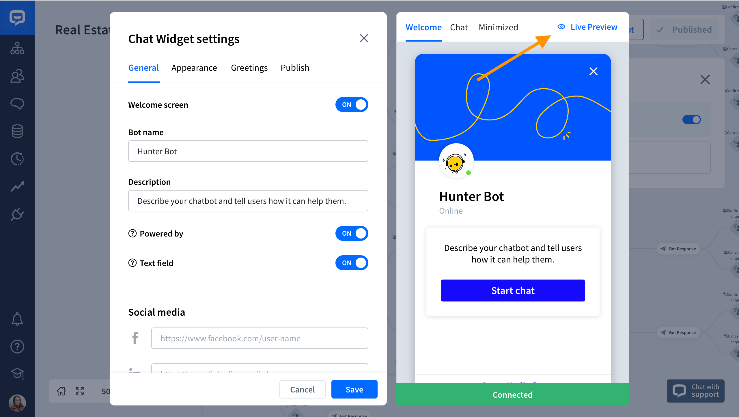 chat widget preview live option