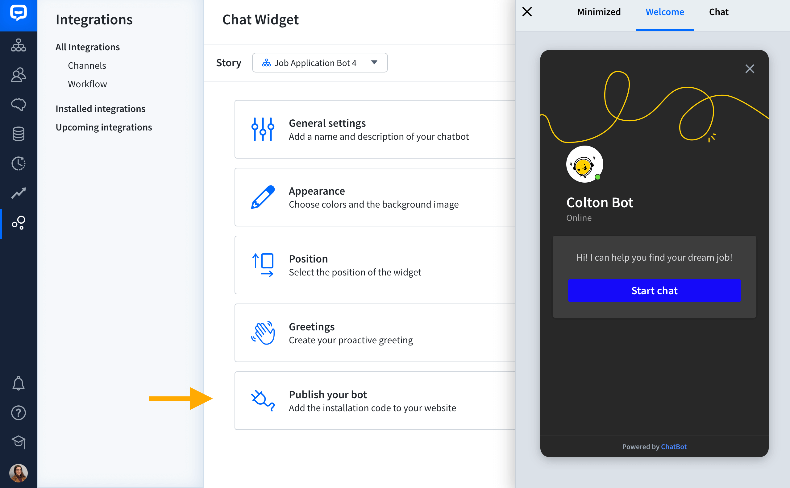 chat widget customization section