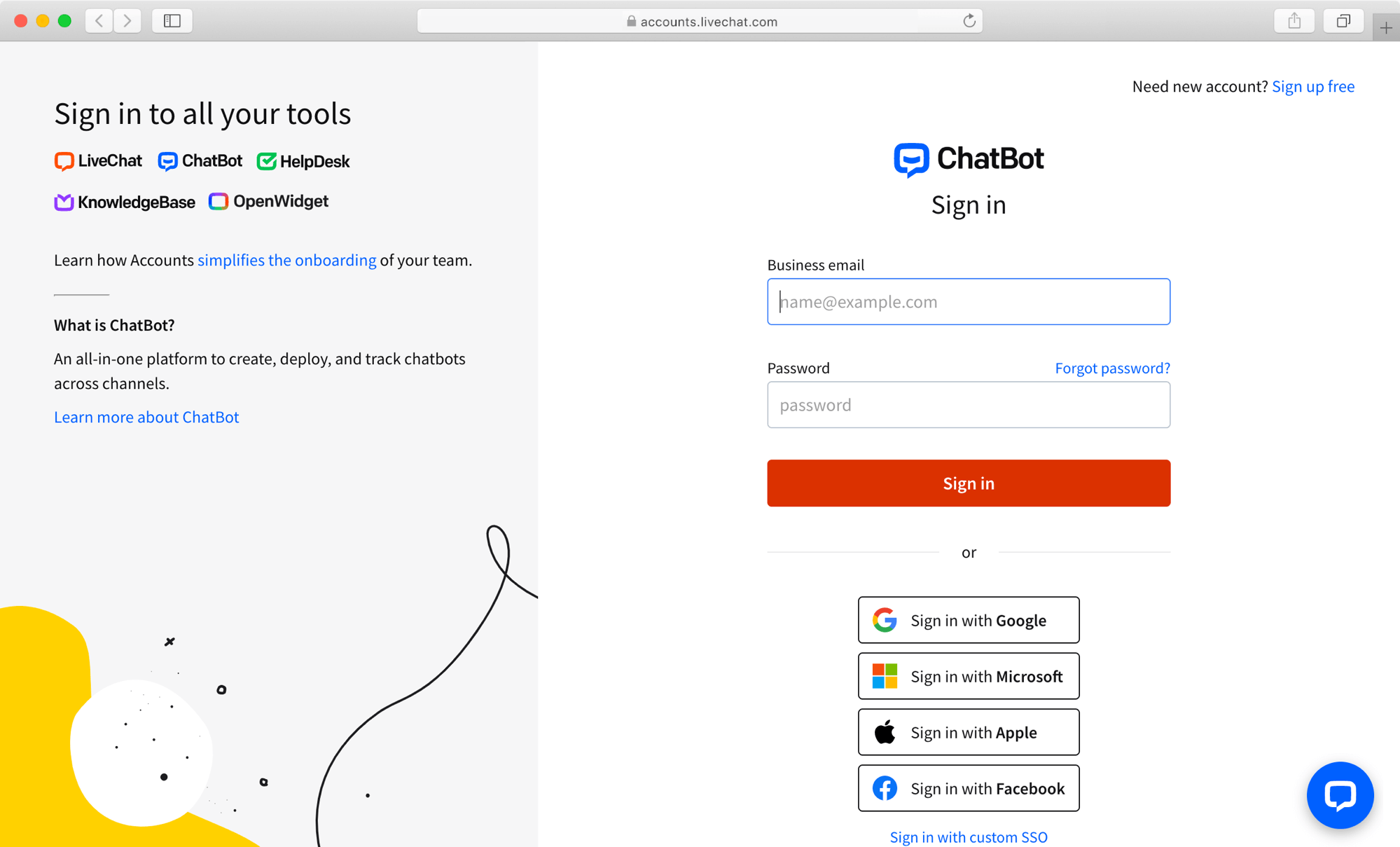 The look of the LiveChat Accounts login space that you can use to log in to ChatBot.