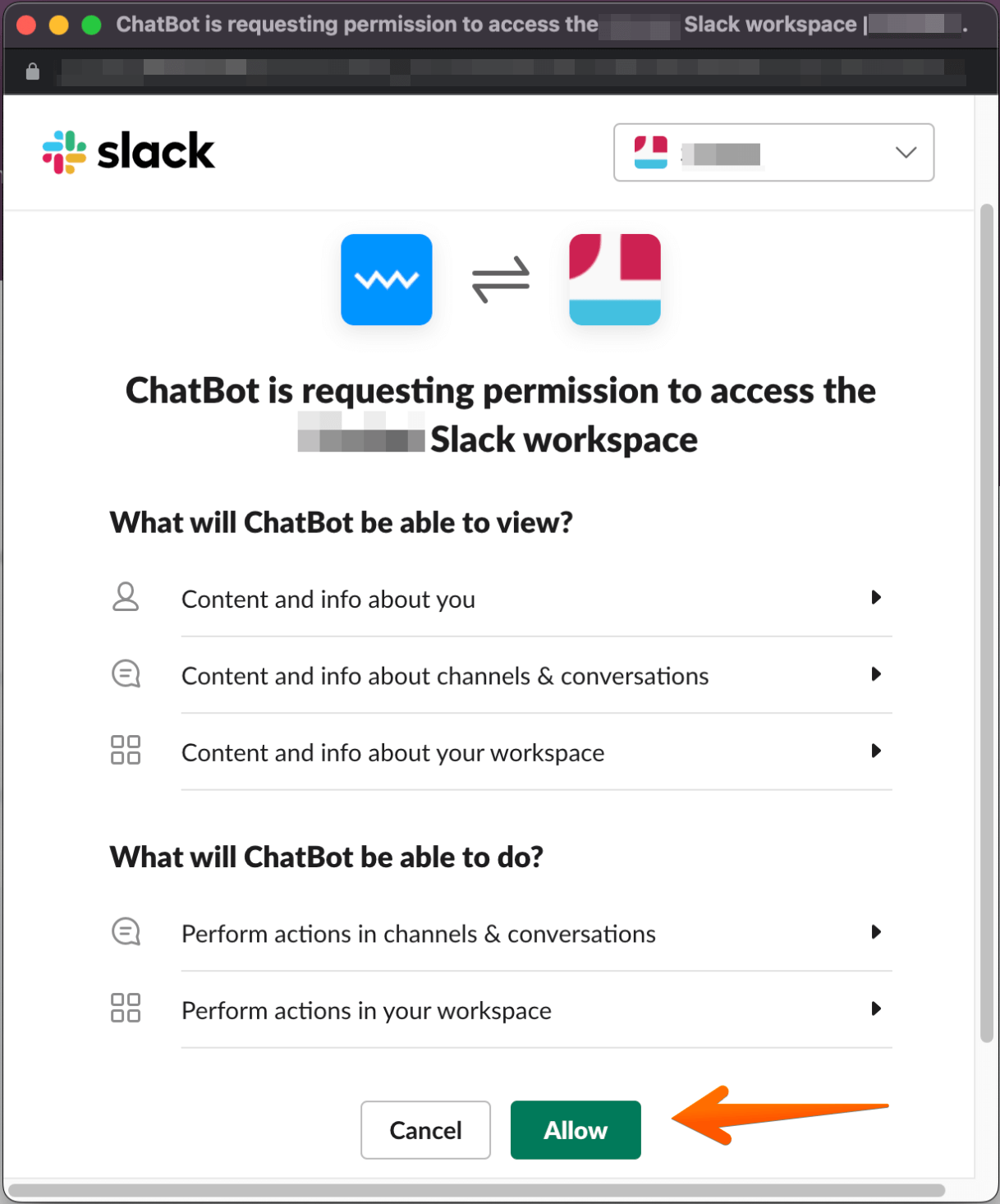 chatbot slack workspace permission