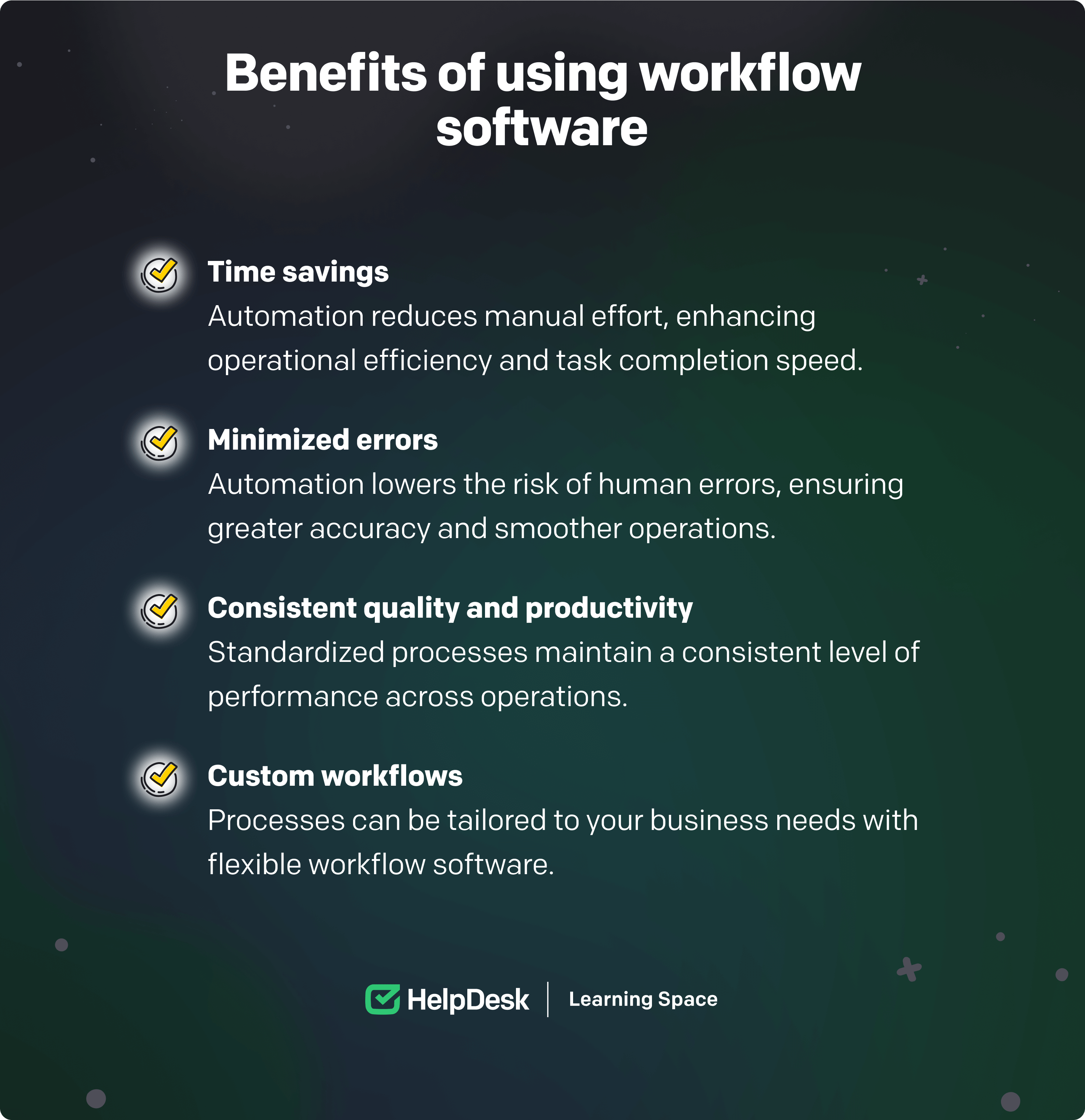 Benefits of using workflow application: time savings, minimized errors, consistent quality and productivity, custom workflows, improved collaboration, enhanced visibility, compliance and audit trail, and scalability