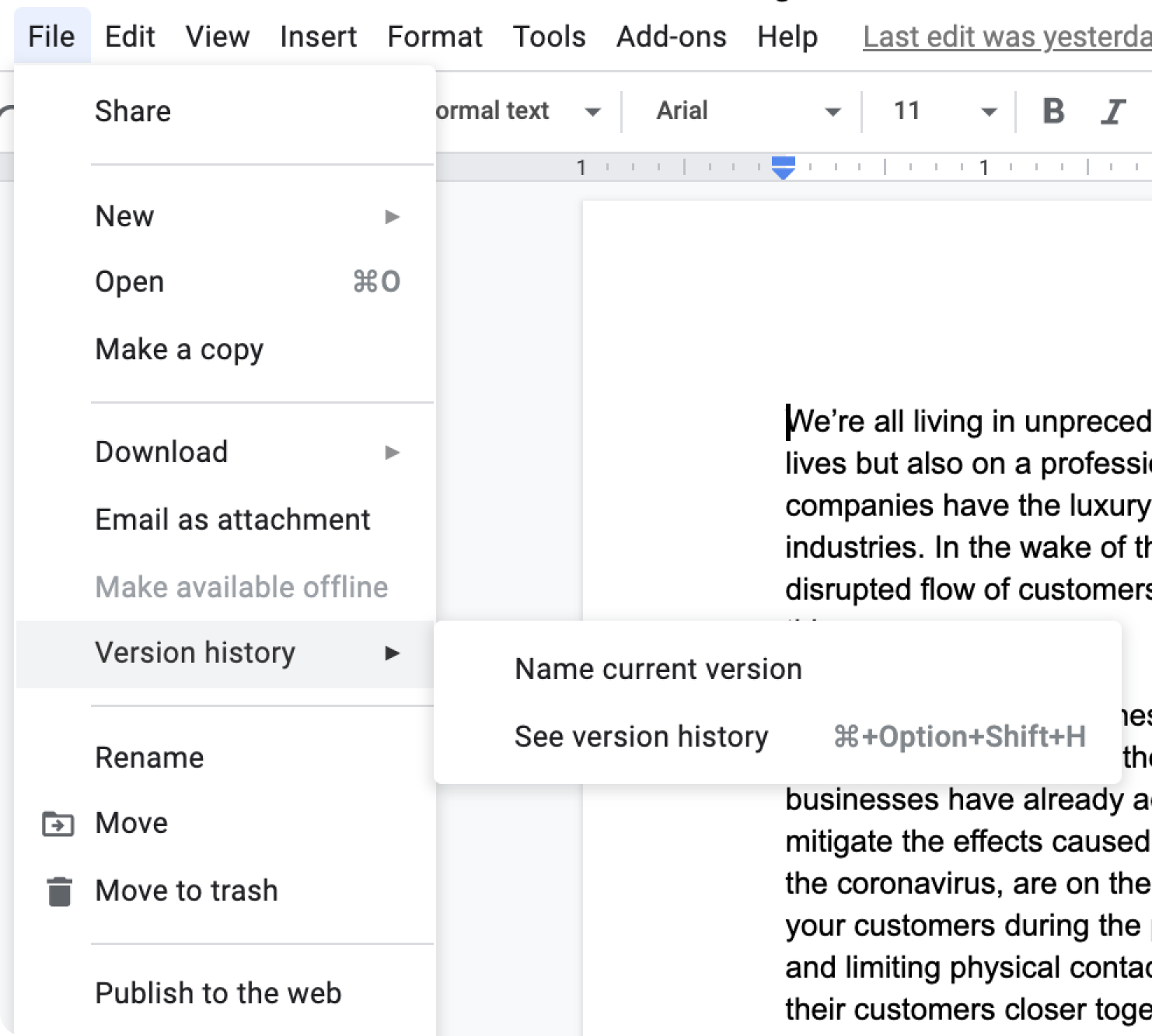 Google Docs version history options.