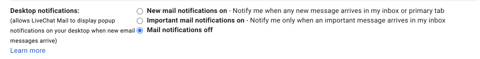 Desktop notifications settings in Gmail.