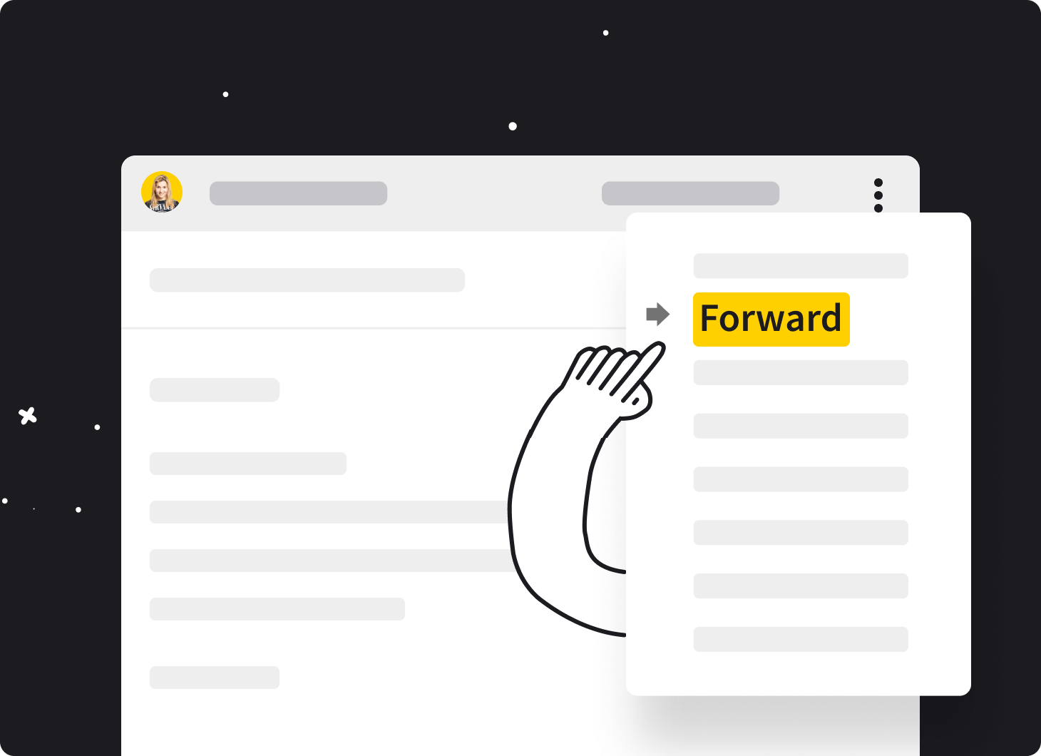 Email window with the hand pointing to the ‘Forward’ button.