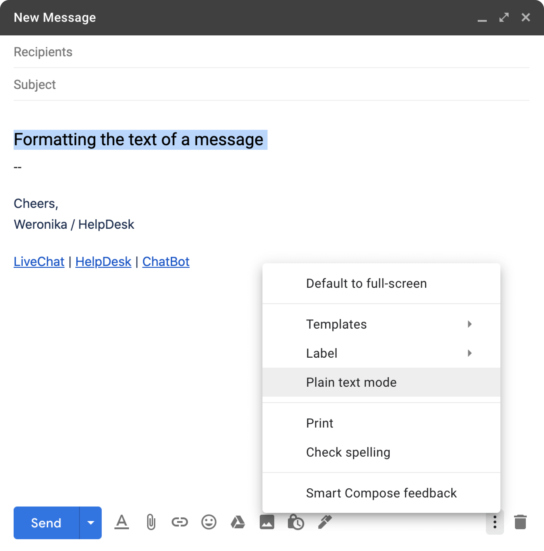 Plain text mode feature in Gmail.