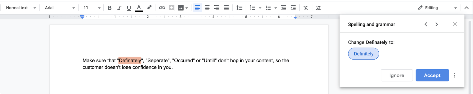 Spelling and grammar check feature in Google Docs.