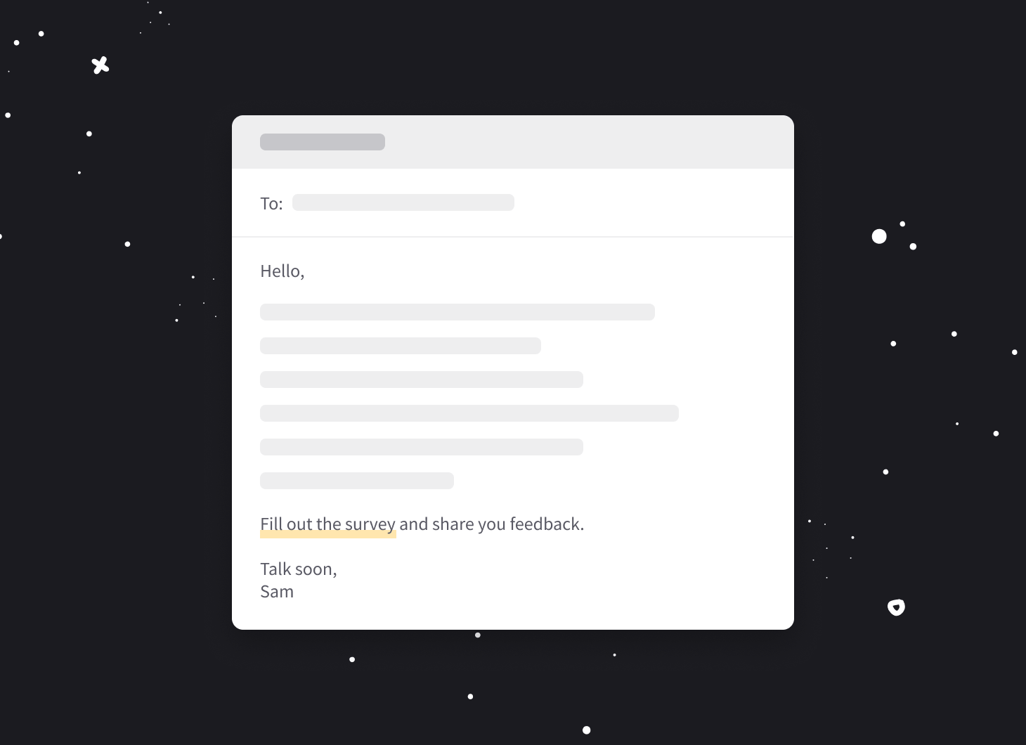 Email with sample text. Background with stars and the moon.