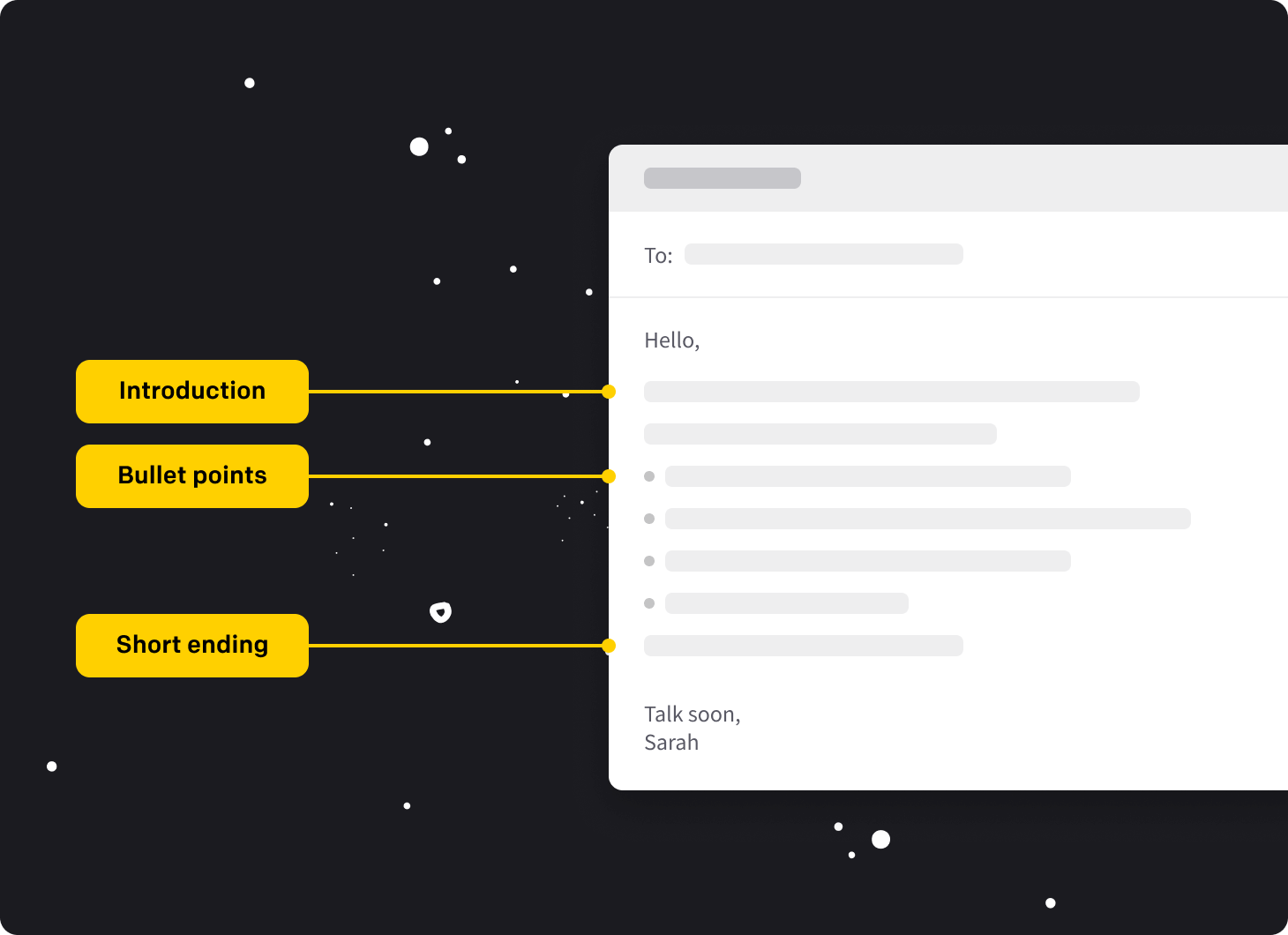 Email with introduction, bullet points, and short ending. Background with stars and the moon.