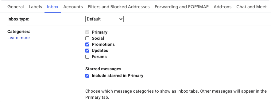 Settings for email categories in Gmail.