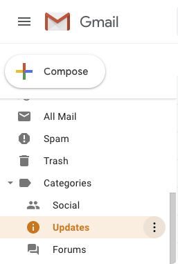 Available email categories in Gmail.