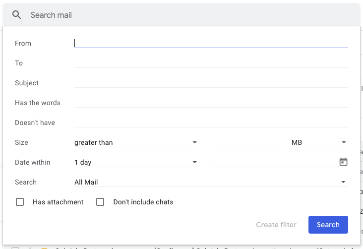 A settings window with filters in Gmail.