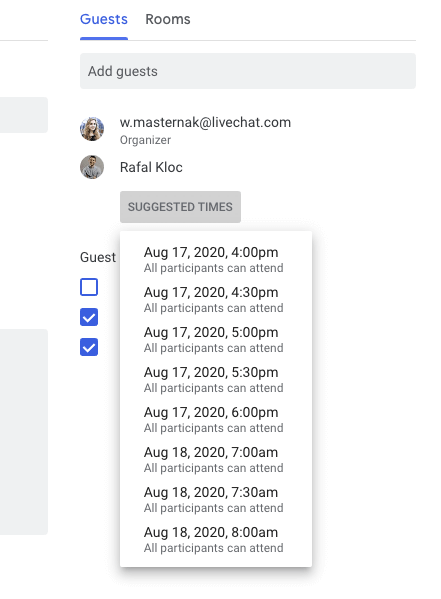 Choose a meeting time convenient for all guests in Google Calendar.