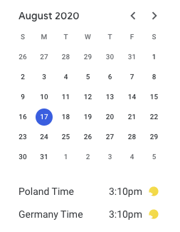 Selected time zones are directly visible in Google Calendar.