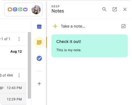 Google Keep in the right sidebar in Gmail.
