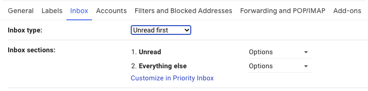 Inbox type selection in Gmail.