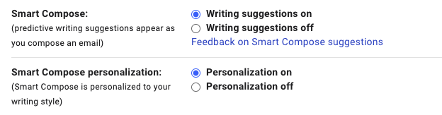 Turning on the Smart Compose and Smart Compose personalization features in Gmail.