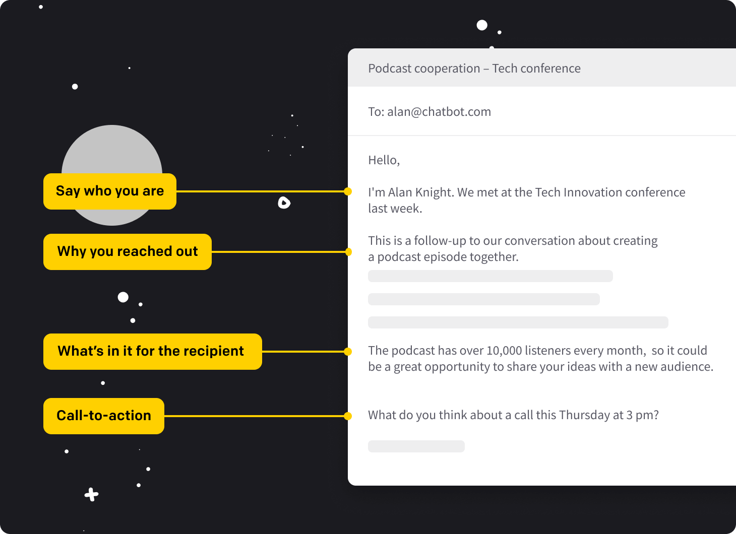 Email with a clear structure: say who you are, why you reach out, what’s in it for the recipient, call to action. Background with stars and the moon.