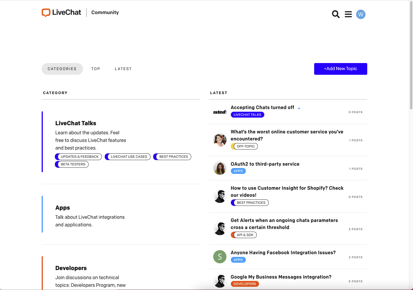 The LiveChat Community main dashboard.