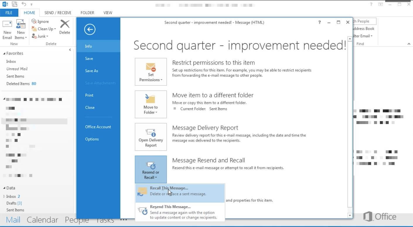 Button to recall messages in Outlook in the Info section.