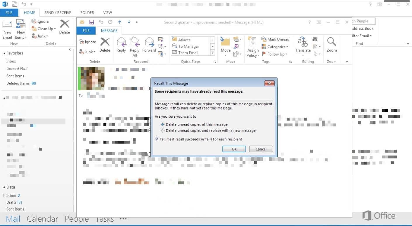 Email recall notification in Outlook.