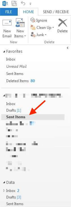 Sent Items folder list in Outlook.