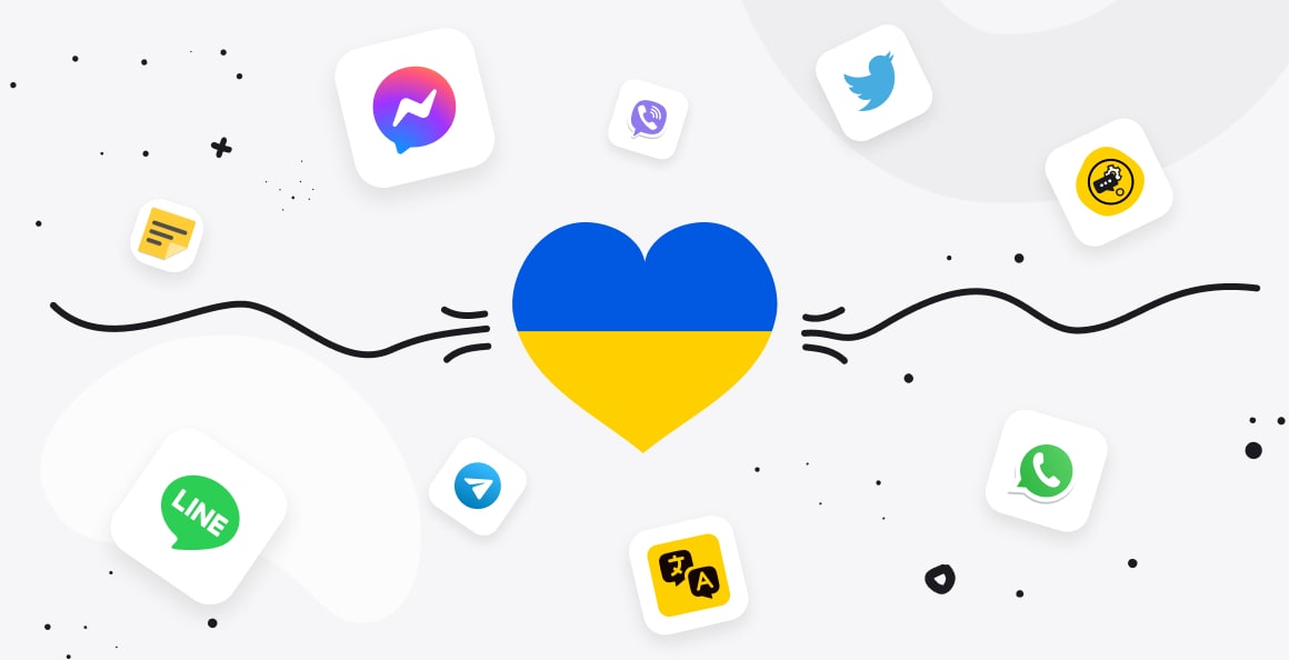 “Drawing: a heart in Ukrainian flag colors surrounded by LiveChat products and integrations logos